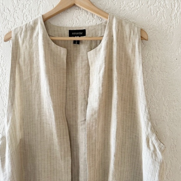 Eskandar Linen Vest Duster Sleeveless Longline Pinstripe Lagenlook Designer 0/ 8 - Picture 4 of 7